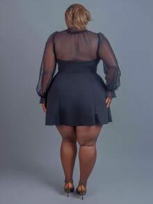 CurvyTilda 大碼繫帶領荷葉袖洋裝 - 黑色 - 查看 2