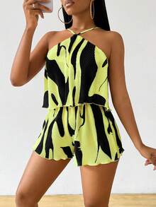 Mistrie Women's Pleated Fabric Printed Halter Jumpsuit For Vacation - Yellow - View 3