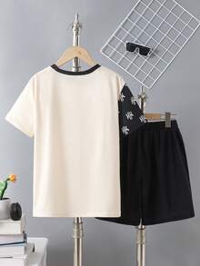 Vacaura 2pcs/Set Boys' Casual Contrast Color Patchwork Asymmetrical T-Shirt Set, Front Graphic Decor, Fashion Minimalist Design Suitable For Daily, Commute, Leisure, Sports - Multicolor - View 2