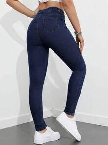 SHEIN PETITE Women's Casual Washed Skinny Jeans - Dark Wash - View 4