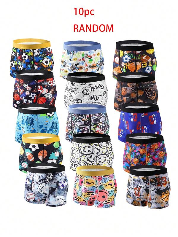 10pcs/Pack Boys' Comfortable Smiling Face, Basketball, Football Print Boxer Briefs, Fashionable Cartoon Print Underwear