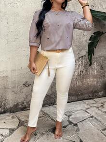 Linhara Blouse élégante de style français à manches mi-longues, avec nœud papillon et rayures, pour grande taille. Top décontracté et de bureau, idéal pour le printemps, l'été et l'automne. Nouveaux hauts élégants et décontractés pour femmes d'été avec blouse rayée - Tabac - Voir 3