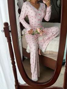 SHEIN 粉色郁金香针织提花印花蕾丝边长袖睡衣套装 - 粉色 - 查看 7