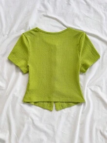 Soleia Women's Fluorescent Green Metallic Bow Decor Fashionable New Short Sleeve Top - Green - View 2