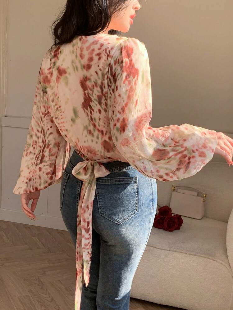 Women's Floral Print Tie Front Lantern Sleeve Elegant Vacation Blouse, Spring/Summer