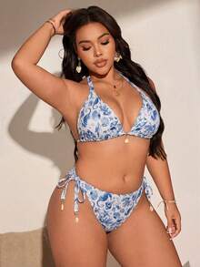 Swim Vcay Conjunto de Maiô Bikini Plus Size Estampado com Estrela-do-mar Colorida e Coral para Férias - Azul e Branco - Visão 3
