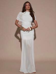 SHEIN BAE 优雅褶皱半身修身连衣裙，适合鸡尾酒会、浪漫约会、秋冬叠穿、派对、正式聚会、万圣节、圣诞节等场合。 - 白色 - 查看 3