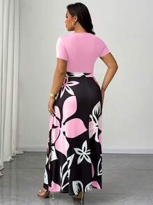 Maweii Đầm hai hàng cúc cổ lệch bất đối xứng in họa tiết đá cẩm thạch dành cho nữ cỡ lớn - Hồng - Xem 2