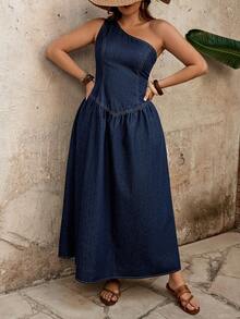 EMERY ROSE 大码纯色褶皱不对称肩部无袖牛仔夏季连衣裙 - 藍色 - 查看 6