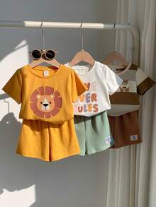 SHEIN 6件套男女宝宝休闲可爱夏季针织狮子卡通印花短袖T恤和松紧腰短裤套装，基础款多件套 - 彩色 - 查看 4