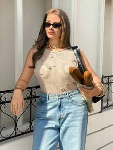 Lounesse Plus Size Sleeveless Knit Top, Apricot Color - Apricot - View 6