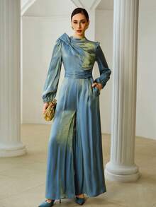 ZEYLAH Mono elegante de mujer con decoración de lazo y mangas de farol - Azul - Ver 4