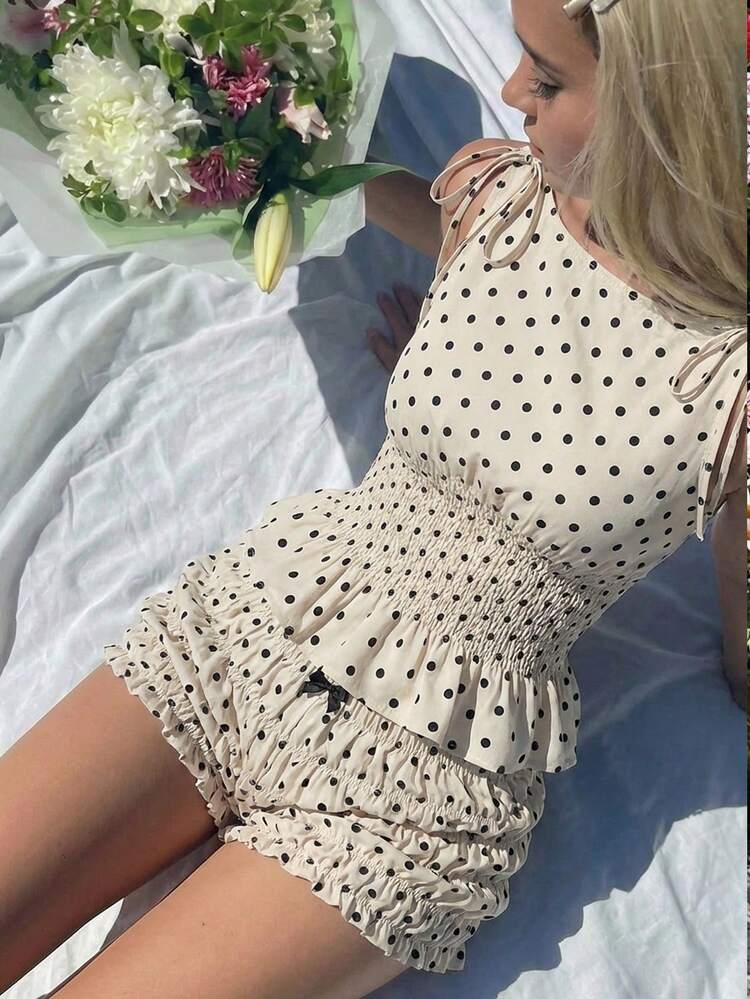 SHEIN MOD Bộ đồ 2 món dành cho nữ: áo không tay và quần short in họa tiết chấm bi tương phản. - Màu be - Xem 2