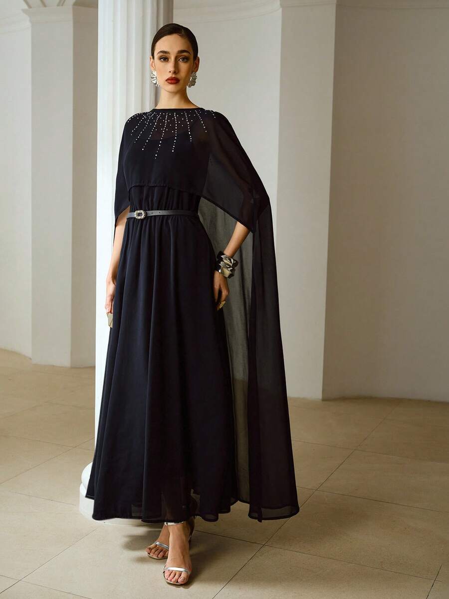 ZEYLAH 优雅水钻装饰斗篷式连衣裙，女士款 - 藏蓝色 - 查看 1