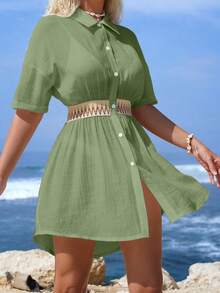 Swim Vcay Women's Vacation Patchwork Wavy Striped Single-Breasted Kimono Cover Up - Army Green - View 5