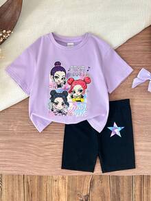 SHEIN 女婴休闲时尚街头卡通女孩乐队图案圆领短袖T恤和短裤套装，适合春夏穿着 - 彩色 - 查看 3