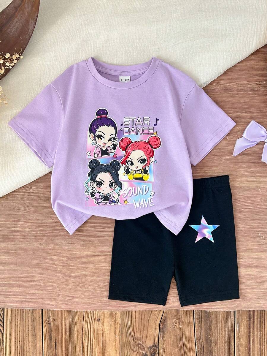 SHEIN 女婴休闲时尚街头卡通女孩乐队图案圆领短袖T恤和短裤套装，适合春夏穿着 - 彩色 - 查看 1