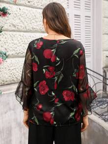 Miaspire 大码女式花卉印花休闲圆领荷叶边七分袖衬衫 - 紅色 - 查看 2