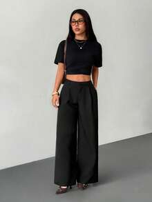 SHEIN PETITE 女士商务休闲裤 女士西式服装 女士阔腿裤 女士办公室服装 宽松裤 专业女士服装 办公室着装 灰色 - 黑色 - 查看 6