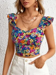 Soleia WYWH Women Vacation Spring Break Floral Print Tie Backless Ruffle Trim Crop Top - Multicolor - View 4