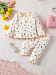 2 Potong Set Piyama Rajut Leher Bulat Berkerut Motif Kartun Lucu untuk Bayi Baru Lahir, Putih, Musim Gugur, Seragam Keluarga, Pakaian Tidur Nyaman untuk Bayi Perempuan - Putih - View 6