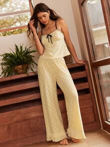 Lullawish Knitted Jacquard Contrast Color Ruffle Bohemian Boho Style Casual Vacation Camisole Women Pajama Set - Yellow - View 6