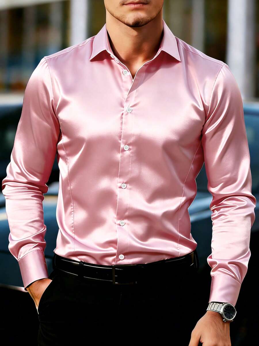 Manfinity Mode 男士優雅灰粉色緞面絲綢襯衫,夏季正式婚禮禮服襯衫,紋理長袖休閒商務上衣,適用於半正式場合、禮物、典禮 - 粉色 - 查看 1
