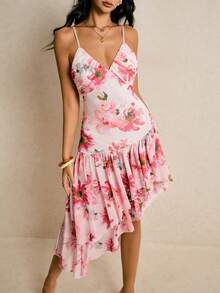 Poéselle Women's Floral Print Asymmetric Ruffle Hem Spaghetti Strap Midi Dress,Blush Pink,Summer,Tropical,Vacation,Holiday Beach Wedding Guest Elegant Dress - Pink - View 6