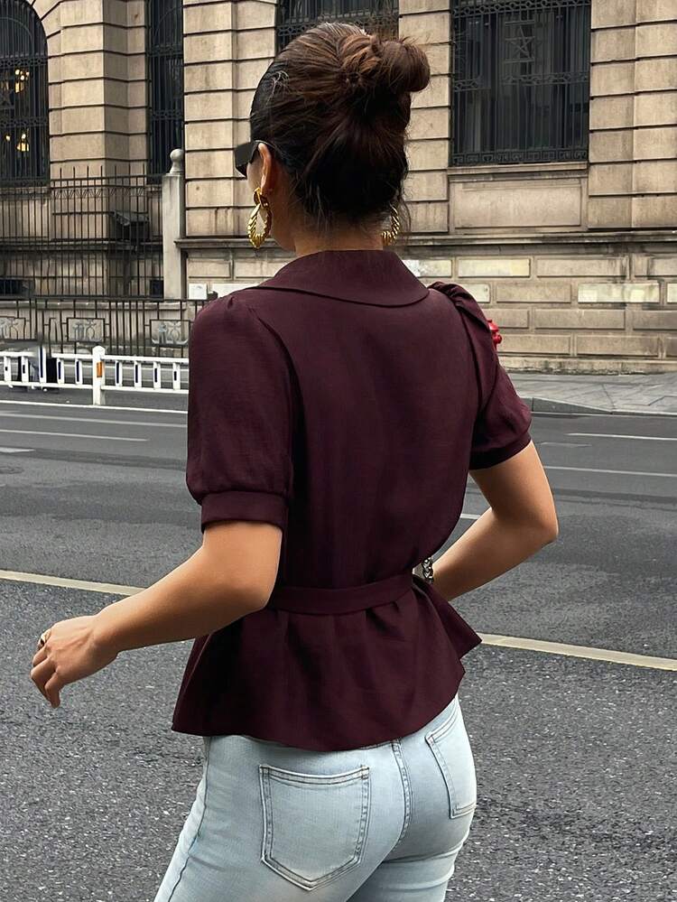 Women's Formal Commuter Red Shirt With Collar, Puff Sleeves And Waist Cinching Summer Y2k