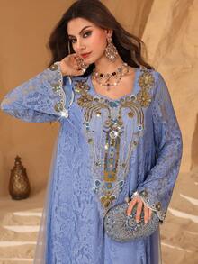 Al Najma Women's Square Neck Sequin Embroidered Blue Lace Long Sleeve Mesh Loose Fit Dress - Blue - View 3