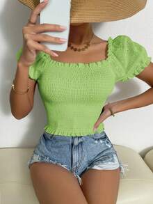 Breezaya 女士休闲纯色泡泡袖衬衫，夏季 - 青檸色 - 查看 3