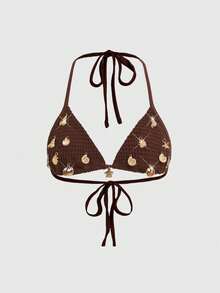 ROMWE Avant Y2K Island Vacation Summer Sexy European And American Faux Fur Knit Bikini Top For Women - Brown - View 1