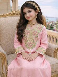 SHEIN Tween Girl Floral Embroidery V-Neck Long Sleeve Tassel Design Elegant Dress - Pink - View 1