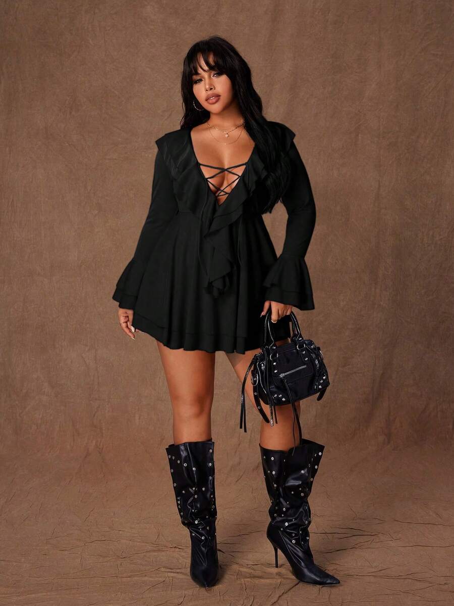 Rustia Sexy Ruffle Tie Strap Bodycon Mini Dress, Unique Design, Slimming Fit, Long Sleeve, Vacation Style - Black - View 1