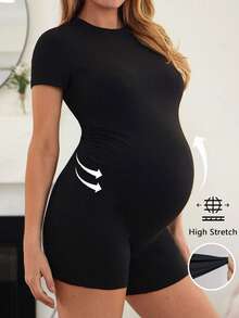 SHEIN Maternity Solid Color Round Neck Short Sleeve Casual T-Shirt And Shorts Set, Summer Outfits,, Summer Outfit For Women - Black - View 6