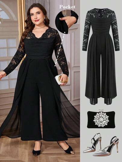 Ellevyn Plus Size Women Elegant Lace Patchwork Long Sleeve Jumpsuit, Suitable For All Seasons, Black Al-Adha Bohemain Romantic Party Glamorous Carnival Costume Carnival Women Look 2026 Women Carnival Costume Carnival Outfit Carnival Costume For Women Women's Carnival Costume Jumpsuits For Woman Jumpsuits For Woman Elegant Spring Outfits For Women Spring Outfit Women Spring Break Outfits