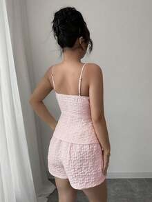 Elenzga 2pcs Women Jacquard Camisole Top And Shorts Set - Pink - View 2