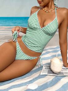 Swim Mod Sweet Cherry Plaid Bikini Set - Lime Green - View 5