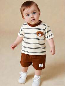 Baby Boy Cartoon Bear Print T-Shirt And Shorts Set, Spring/Summer - Multicolor - View 1