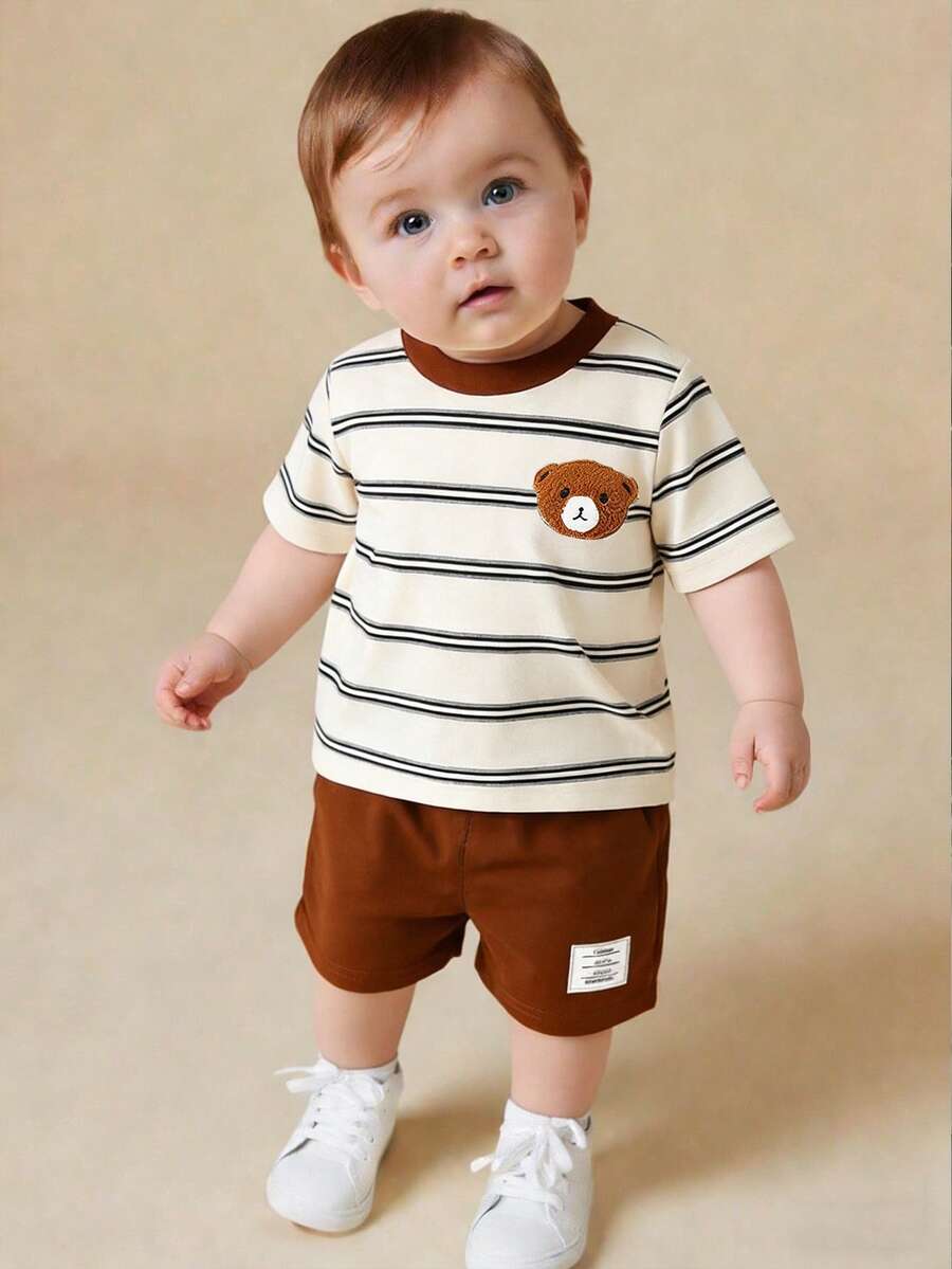 Baby Boy Cartoon Bear Print T-Shirt And Shorts Set, Spring/Summer - Multicolor - View 1