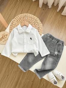 SHEIN 2pcs Toddler Boys Denim Look White Shirt And Grey Jeans Set - Grey - View 4
