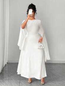 SHEIN PETITE CURVE Đầm ôm sát dáng dài tay cổ tròn xẻ tà, eo nhún bèo, chân đuôi cá, thanh lịch dành cho nữ cỡ lớn, phù hợp với người nhỏ nhắn. - trắng - Xem 5