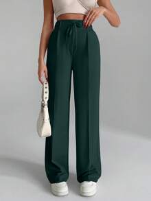 EURMUSE Women Solid Color Wide Leg Tie Front Detailed Pants - Green - View 5