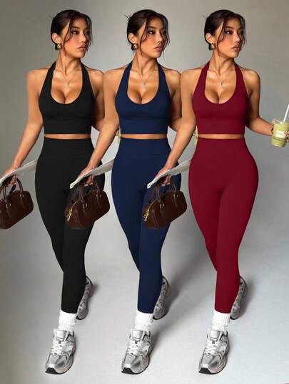 Dewbera Women's Solid Color Cropped Halter Neck Tank Top And High Waist Leggings Sports Set