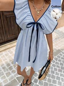 Serisse 女式休闲条纹荷叶边下摆迷你连衣裙，度假风格 - 藍白色 - 查看 5