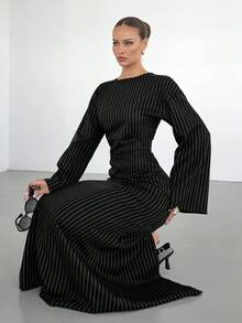 Siren Gaze 女士优雅条纹喇叭袖连衣裙，长袖飘逸连衣裙，条纹长裙，返校季穿搭，秋冬连衣裙，女士婚礼宾客礼服，女士冬季正式礼服，通勤装，休闲装 - 黑色 - 查看 4