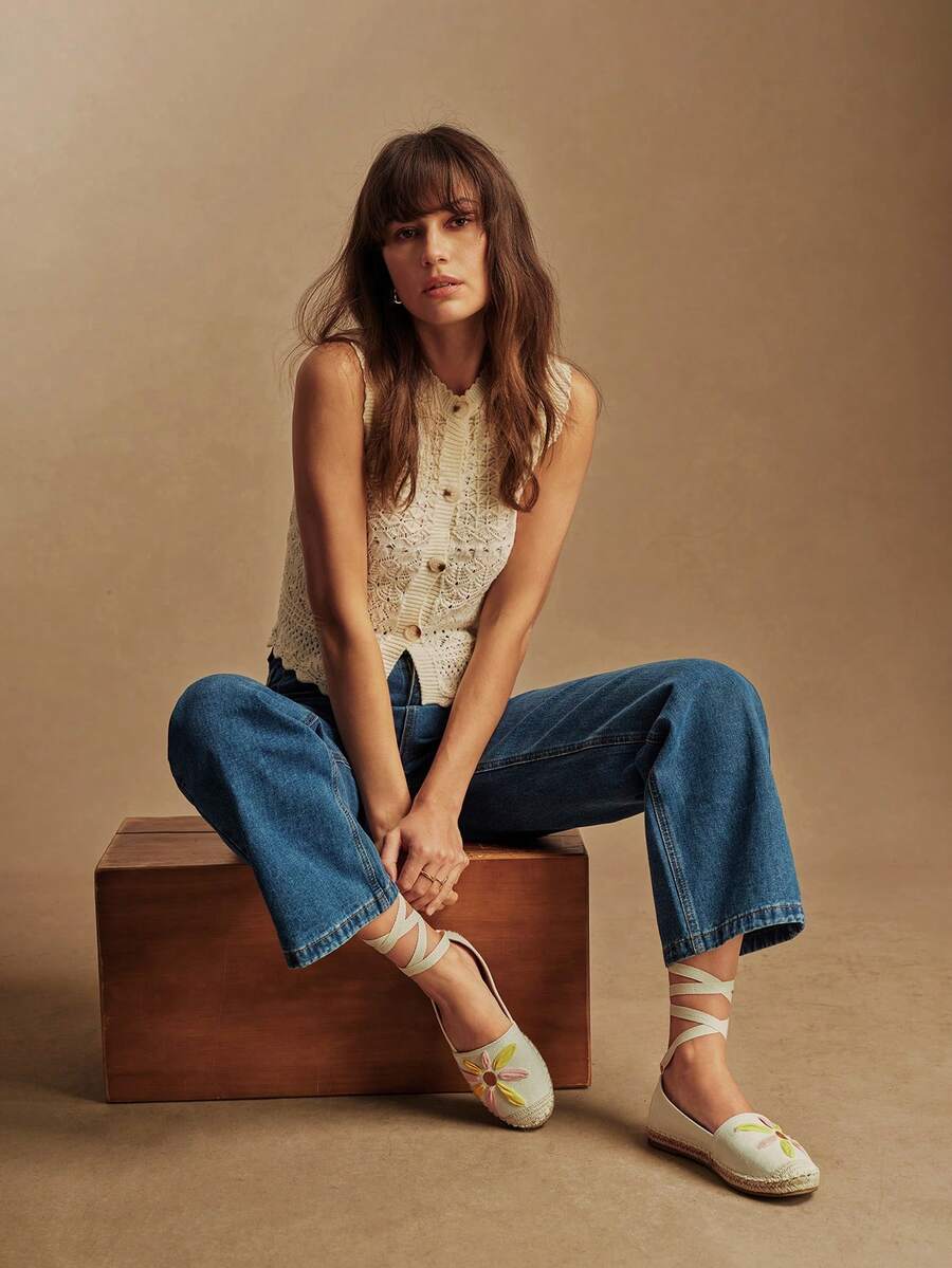 Rosivie 女士平底鞋，绳编鞋，撞色拼接花卉渔夫鞋，草编系带棉绳，波西米亚风度假沙滩日常编织一脚蹬休闲优雅时尚校园风 - 米色 - 查看 1