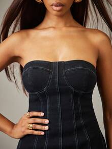 NYA SZN Denim Dress Sleeveless Fitted Bodycon Dark Wash Heart Cut Out Blue Stripe Winter Spring Festive Holiday Valentines Day Date Event Party Golng Out Maxi Length Outfits For Women - Blue - View 4