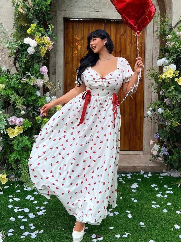Lyrianda Modest Plus Size Women Cherry Print Bow Tie Dress | SHEIN USA