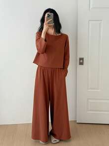 DAZY 极简刺绣字母装饰针织阔腿裤女士家居服套装 - 棕色 - 查看 5